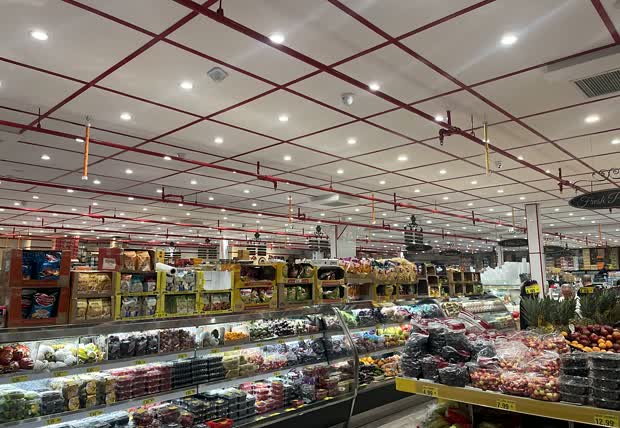 Wide aisles of the grocery hall